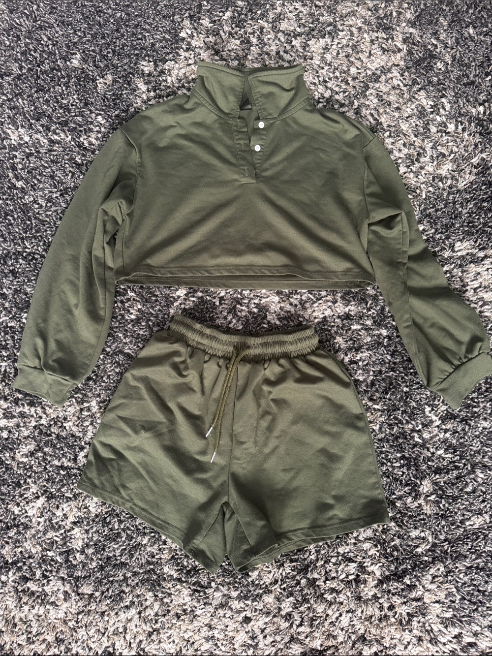 Women's Olive Drawstring Shorts and long sleeve crop top